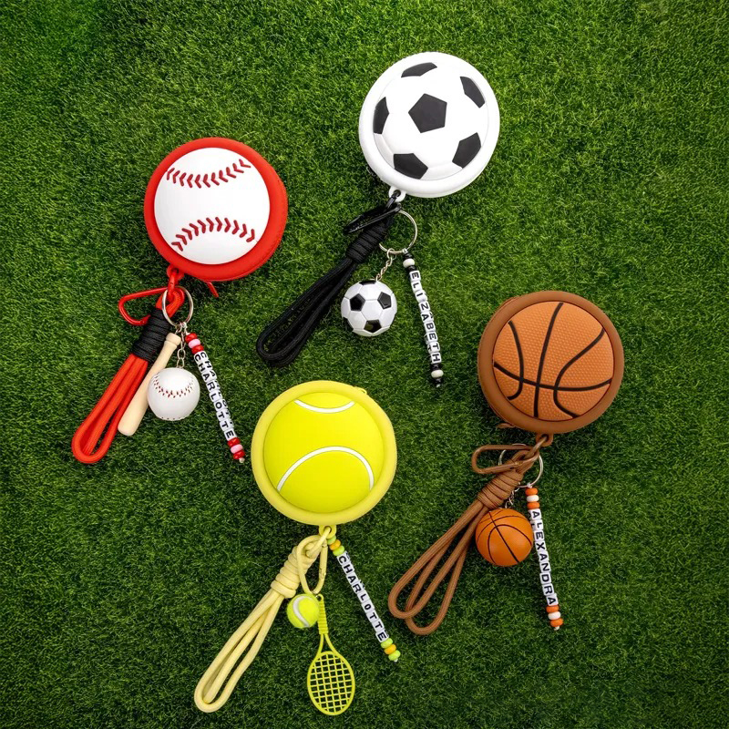 Personalized name keychain with beads, tennis ball charms, racket and ball charms, waterproof silicone storage pouch for headphones, gift for tennis lovers