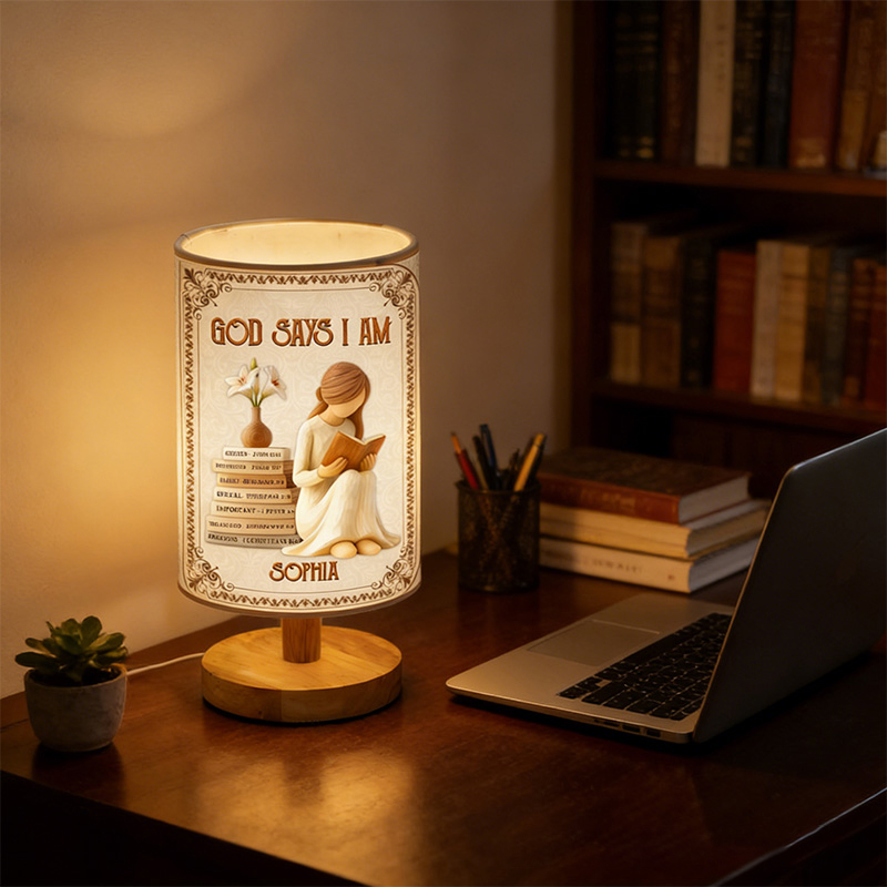 Personalized God Says i am Fabric Lamp with Custom Name Religious Home Decor Table Lamp Christan Gift for Women and Girls