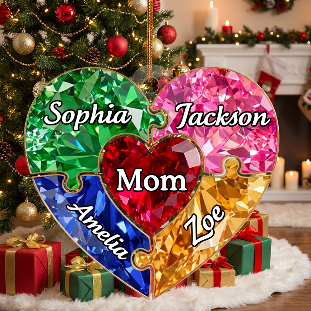Personalized Gemstone Effect Heart Puzzle Christmas Tree Ornament with Names Christmas Gift for Family Acrylic Holiday Hanging Decor