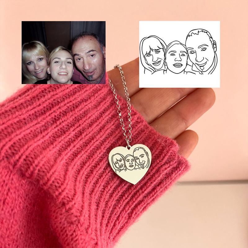 Personalized Engraved Famliy Face Photo Heart Design Portrait Necklace With Custom Photo for Memorial Gift, Mother's Day Jewelry