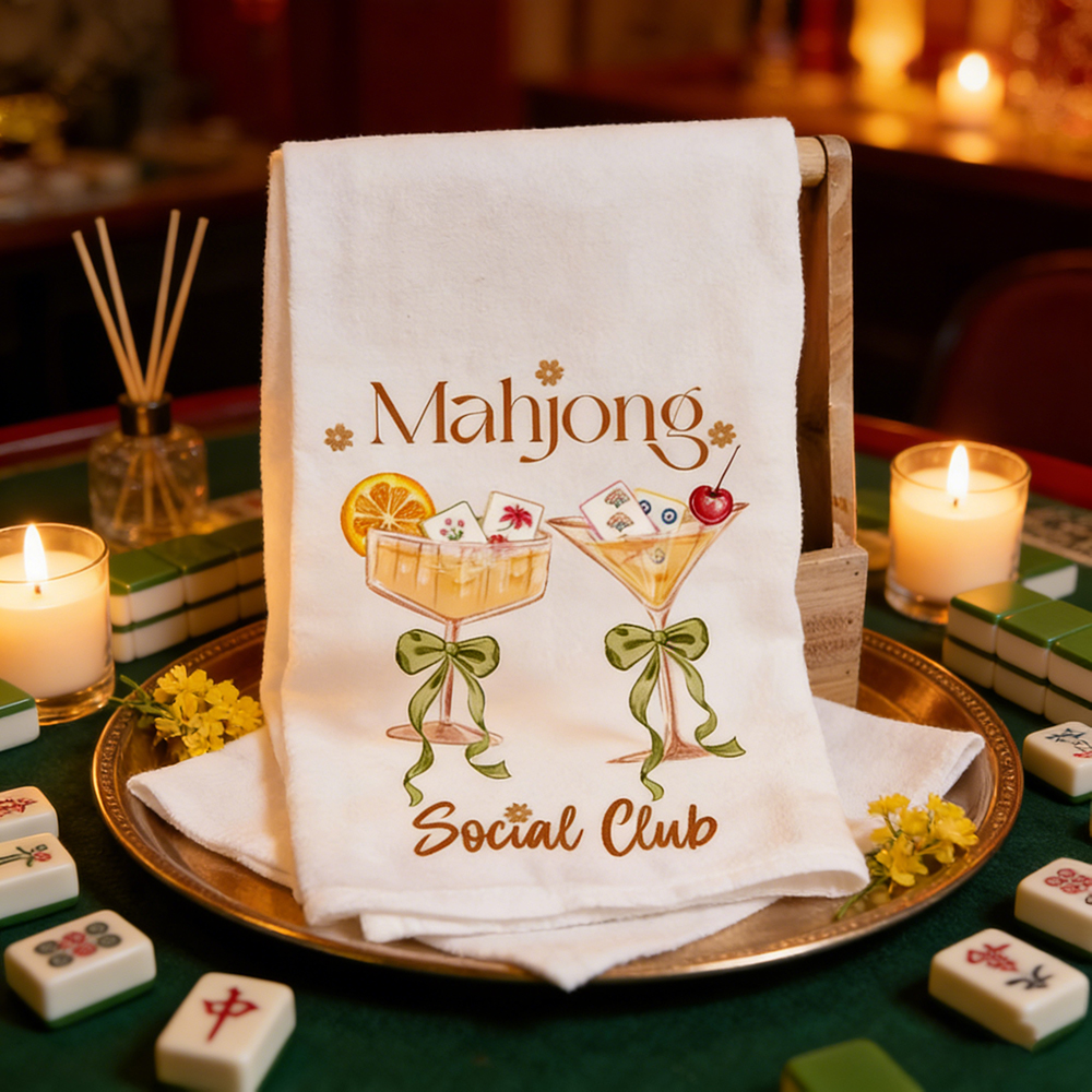 Mahjong Social Club Tea Towel – Cute Cocktail Mahjong Design Perfect for Your Kitchen or Game Night Decor