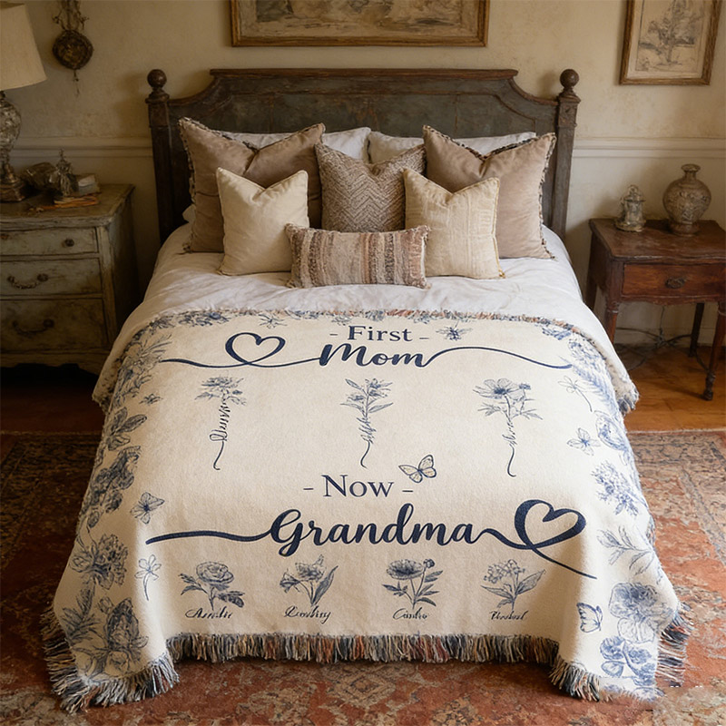 Personalized Grandma Blanket With Birthflower and Grandkids Names Woven Floral Throw Gift For Nana Gigi Mimi Custom Grandmother Mom Birthday Gift Mother's Day Gift
