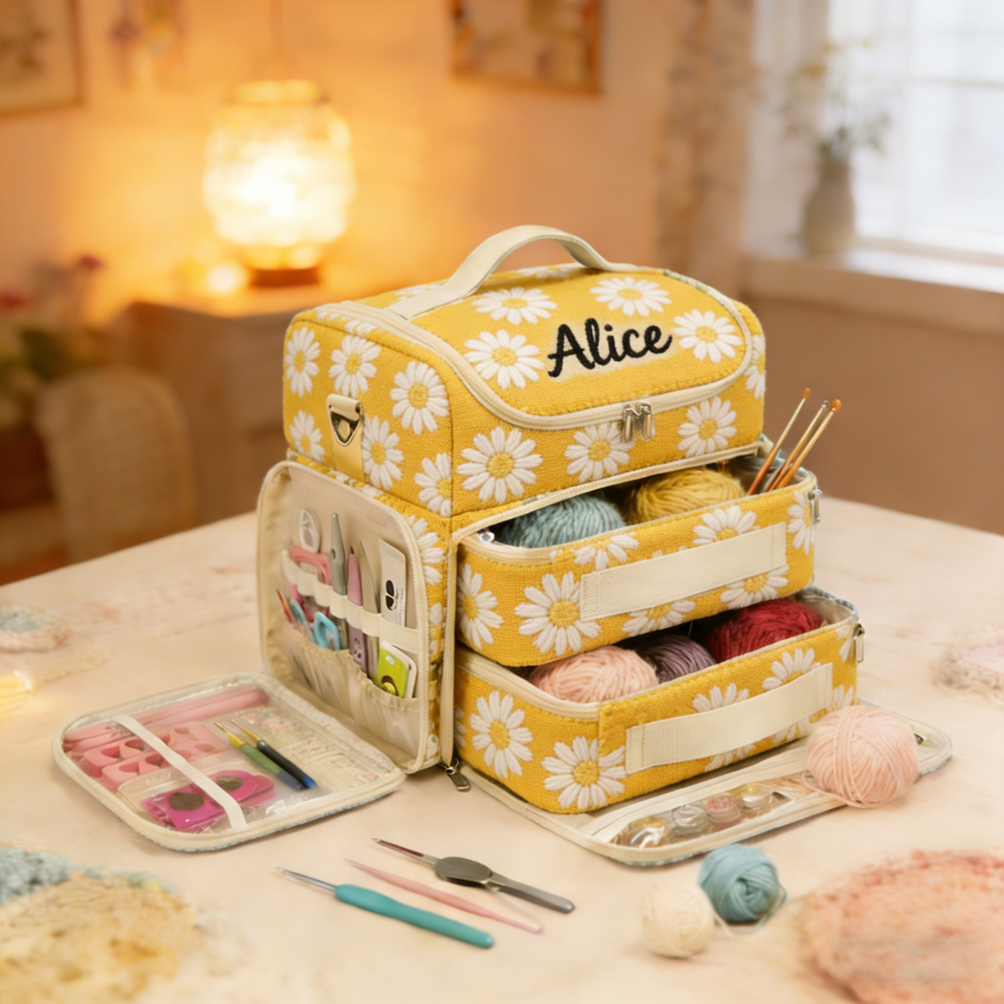 Personalized Large Capacity Floral Crochet & Knitting Bag with Multiple Compartments - Portable Yarn Storage Organizer for Craft Supplies