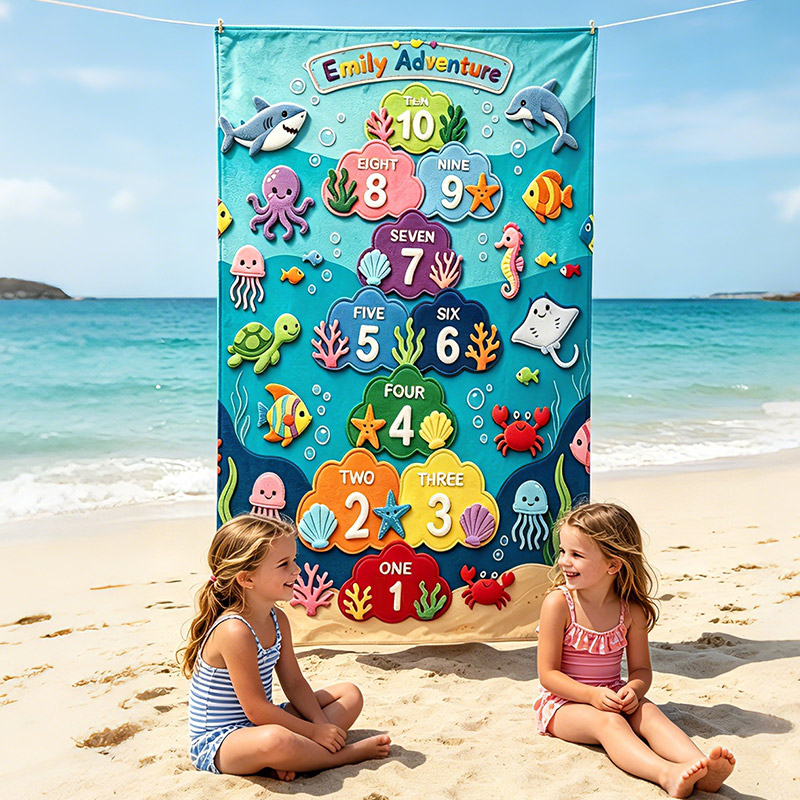 Personalized Under the Sea Hopscotch Beach Towel Kids Ocean Adventure Play Mat with Numbers  Summer Gift