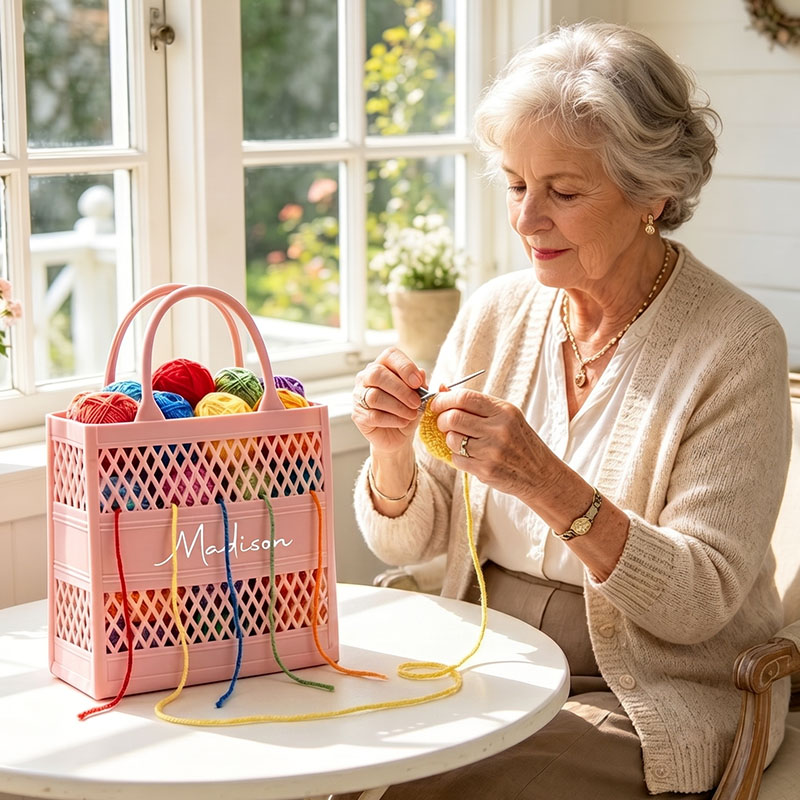 Personalized Hollow Crochet & Yarn Storage Bag Portable Handle Large Capacity Waterproof Solid Color PVC Tote Handbag Craft Yarn Sewing Organizer Basket