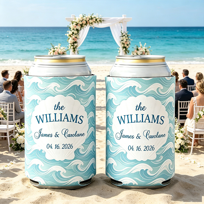 Personalized Ocean Theme Striped Beer Can Cooler Sleeve with Name Title and Date Wedding Party Gift for Newlyweds