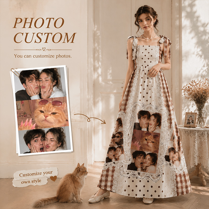 Personalized Photo Print Maxi Dress Tie-Shoulder Custom Name and Photo Summer Vacation Dress Vintage Lace Print Dress Gift for Girlfriend