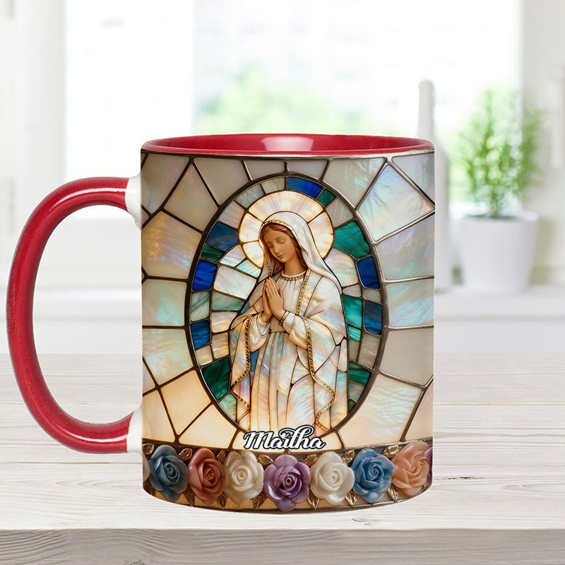 Personalized Our Lady of Grace Stained Glass 11oz Ceramic Mug with Custom Name Religious 3D Coffee Mug Catholic Gift for her