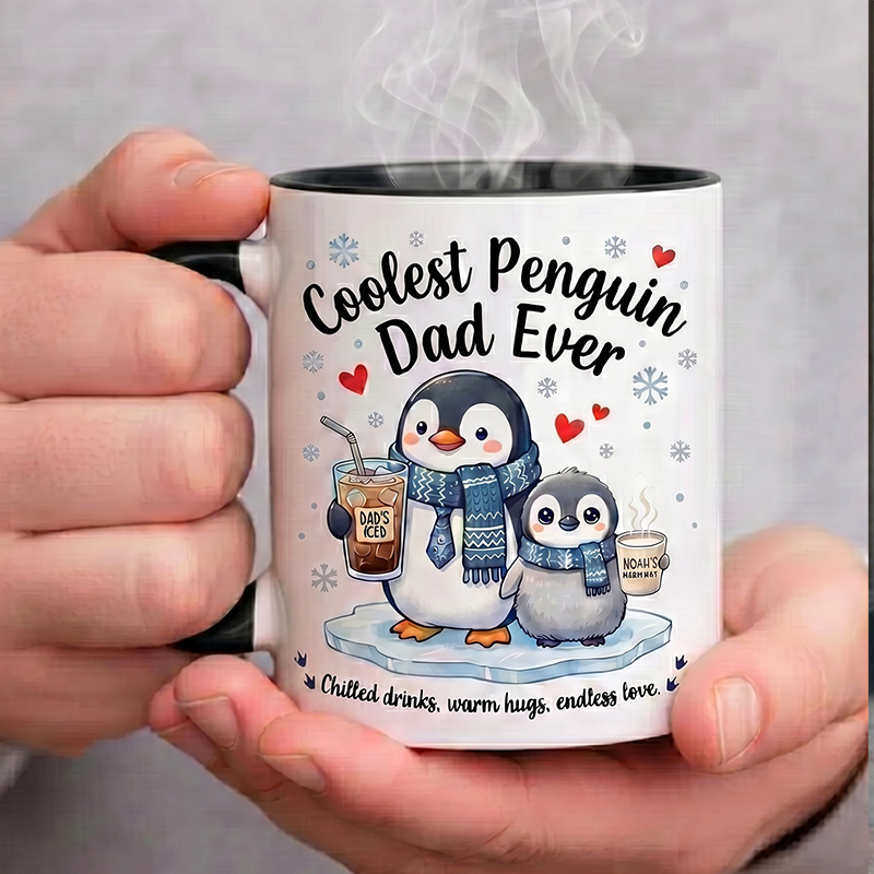 Personalized Dad & Baby Penguin Design 11 oz Ceramic Mug with Name Coolest Penguin Dad Ever Mug Birthday Gift for Dad