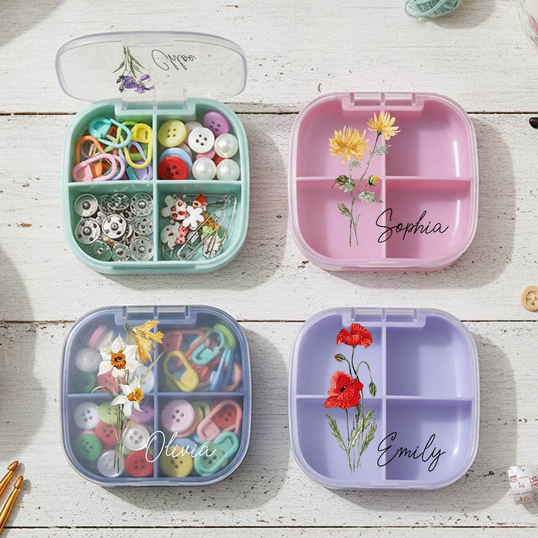 Personalized Knitting Crochet Notions Case Mini Storage Box Custom Name with Birth Flower Crochet Tool Organizer 4 Compartments Multi Section Stitch Markers Point Protectors Tools Travel Compartments Case