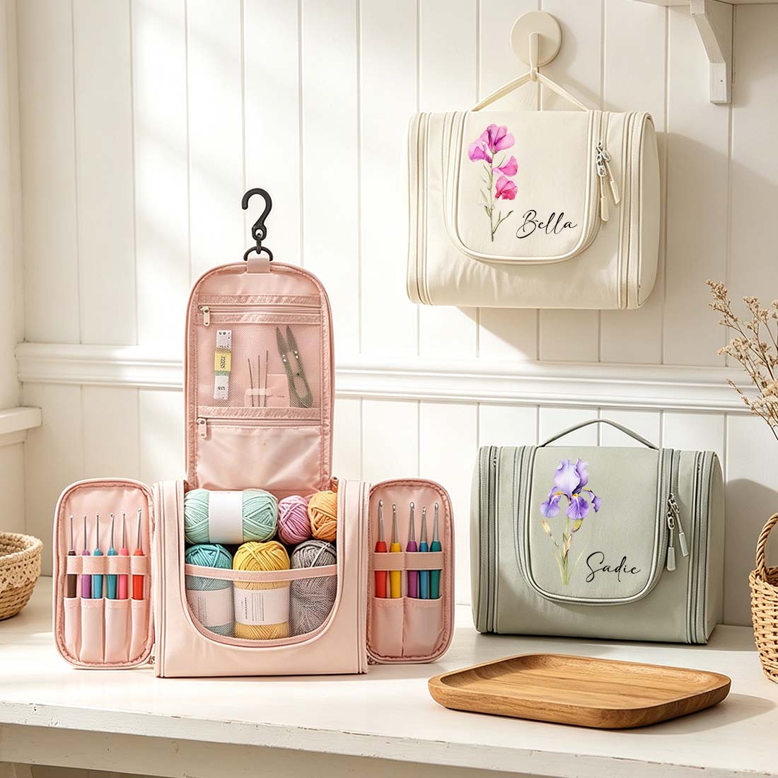 Personalized Crochet Storage Bag Water Resistant Crochet Storage Bag with Hanging Hook Custom Name with Birth Flower Crochet Tool Storage Bag Portable Storage Bag Large Capacity Multiple Pockets Organizer Bag