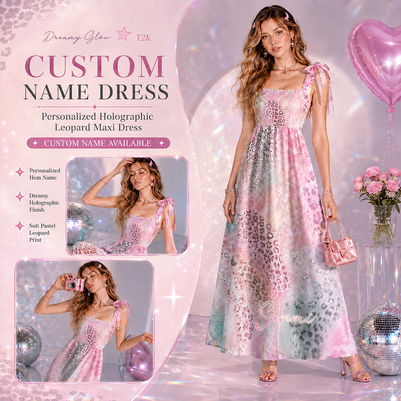 Personalized Shiny Satin Ombre Leopard Flower Collage Print Bow Strap Floor Length Dress For Summer Holiday Night Out Travel