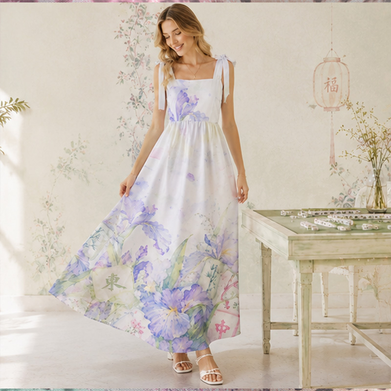 Personalized Watercolor Iris Mahjong Bow Strap Oriental Vacation Maxi Dress Pastel Ink Floral Mahjong Satin Summer Sundress Mahjong Style Purple Iris Square Neck Long Dress