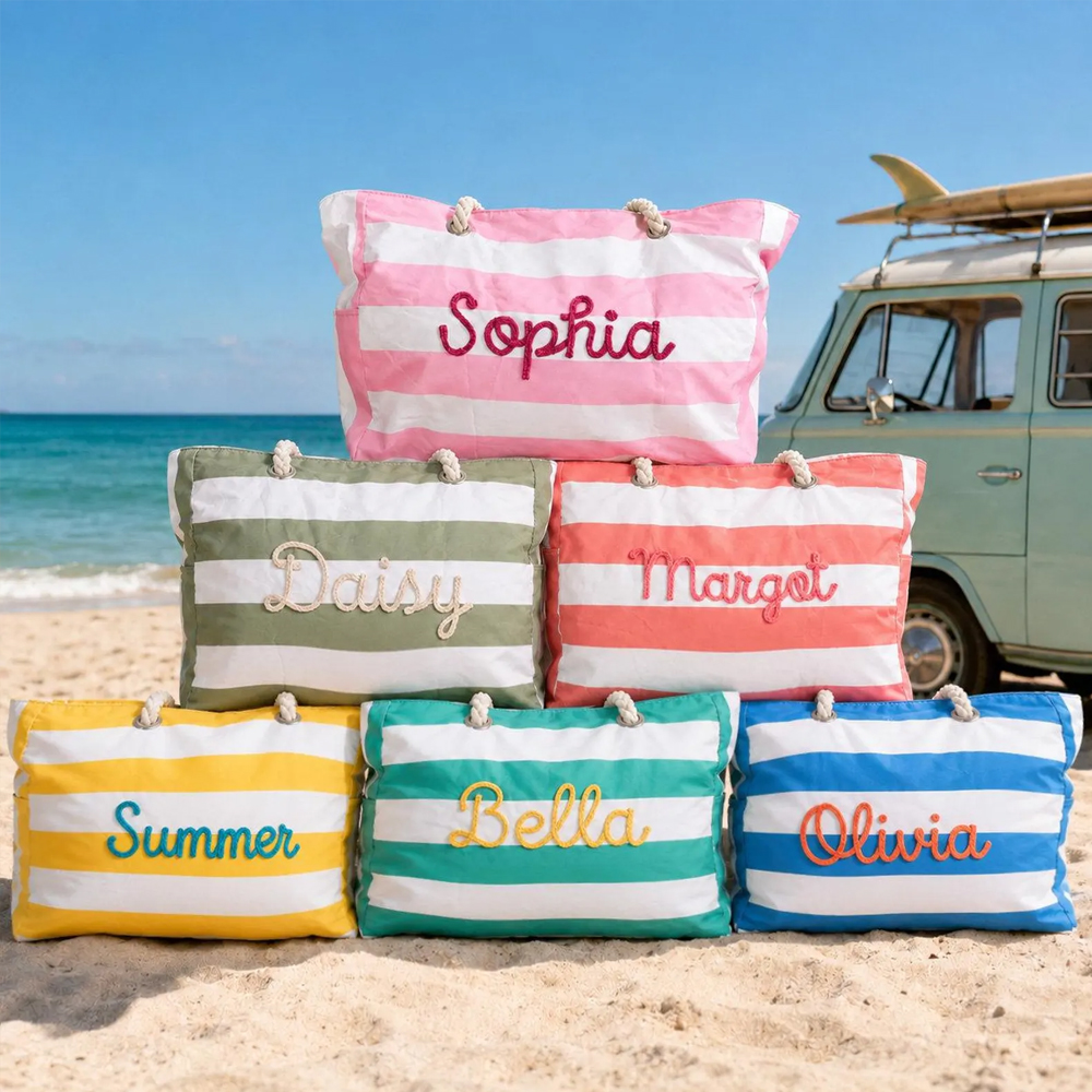  Personalized Waterproof Pool Tote Custom Beach Bag with Zipper Embroidered Girls Trip Striped Canvas Tote Bag Summer Vacation Gift for Her