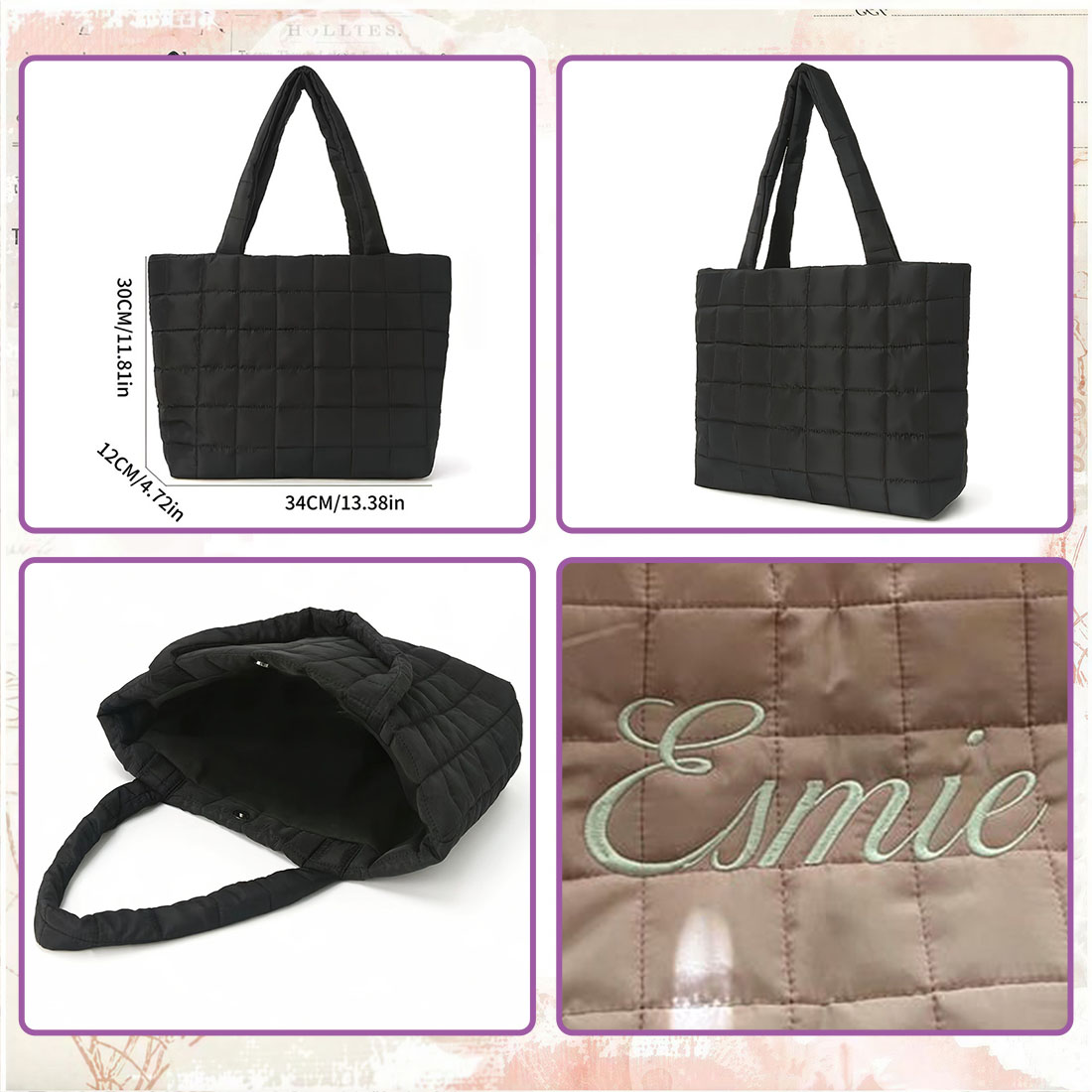 Personalized Crochet Tool Storage Tote Bag, Nylon Quilted Tote Bag, Custom Embroidered Name Shoulder Tote