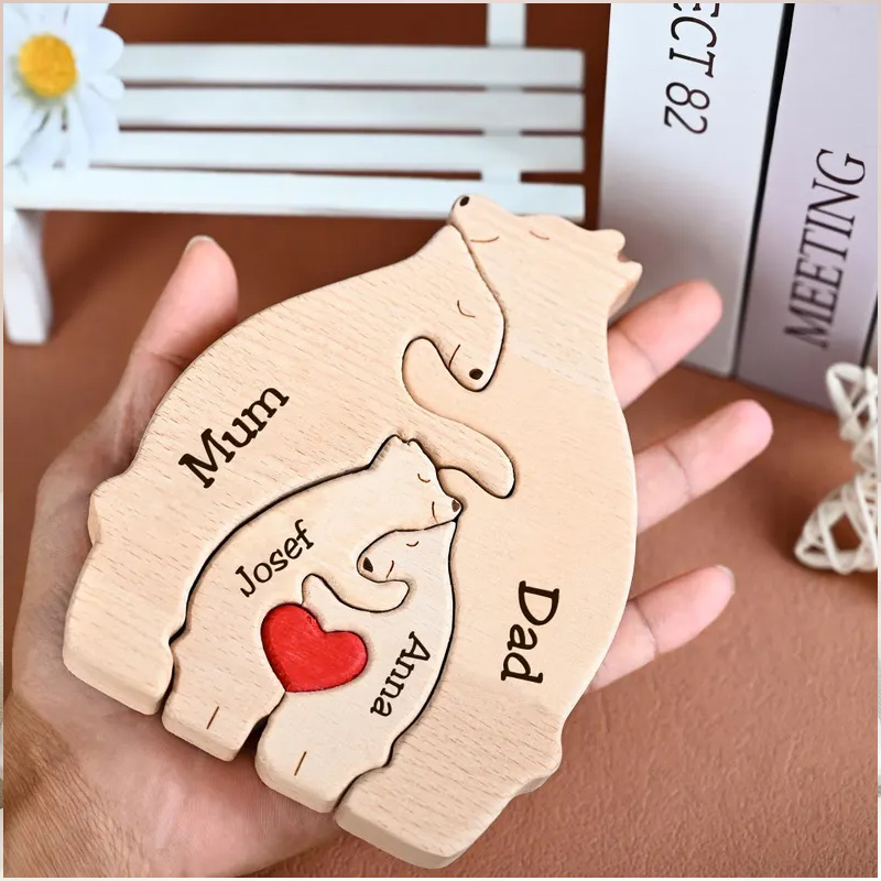 Personalized Carved Wooden Bear Family Jigsaw Puzzle, Wood Bear Figurines, Hugging Bear Family Keepsake Gift for Parents, Christmas Bear Decor