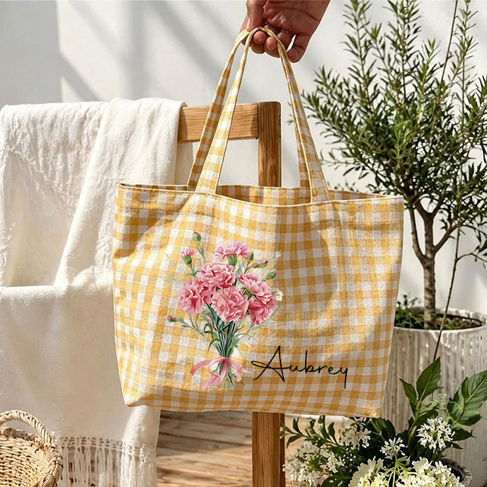 Personalized Crochet Tool Storage Tote Bag Gingham Tote Bag Custom Name Canvas Tote Reusable Shopping Bag