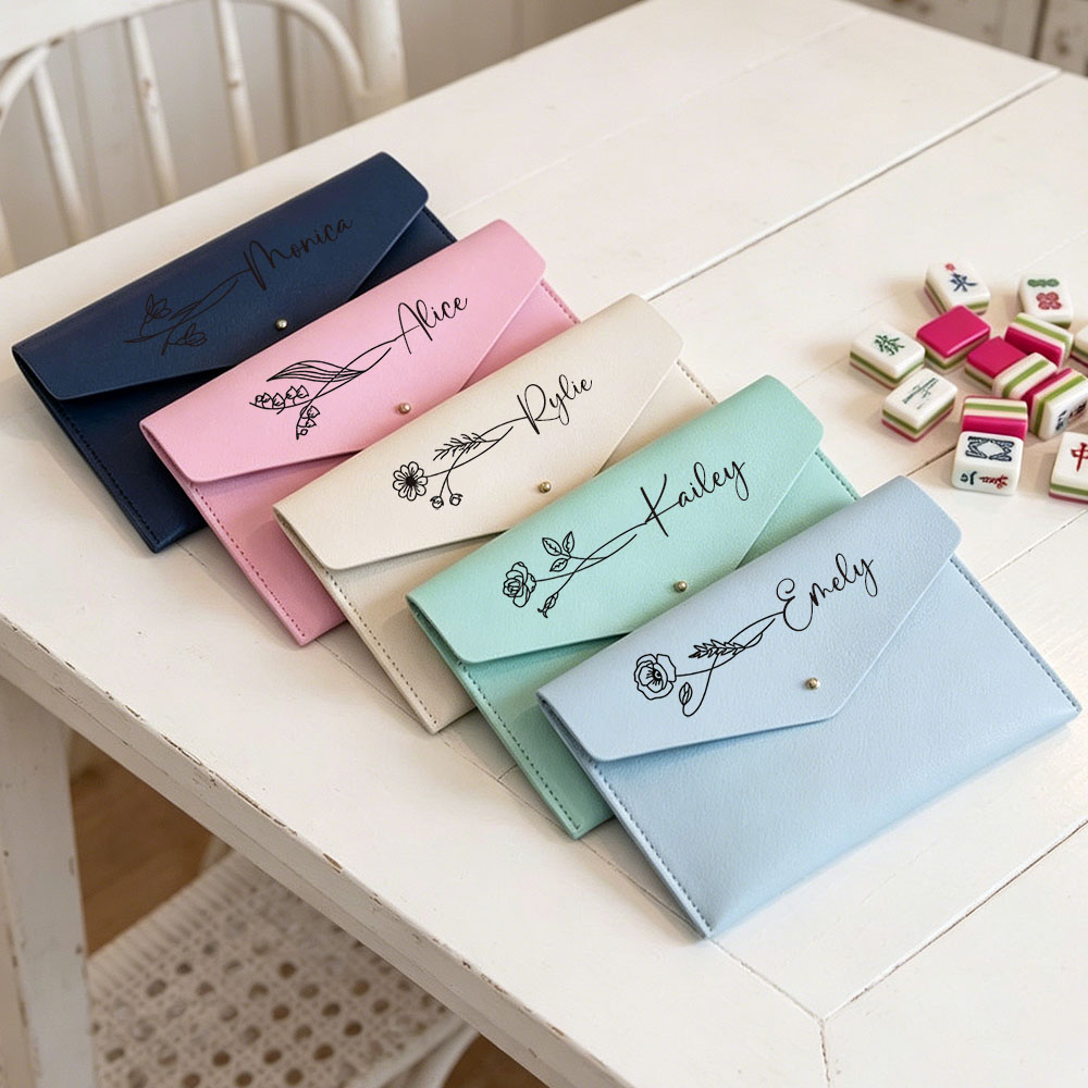 Mahjong Card Case Personalized Gift Monogram Holder Leather Clutch Card Storage Game Accessory Custom Name with Birth Flower
