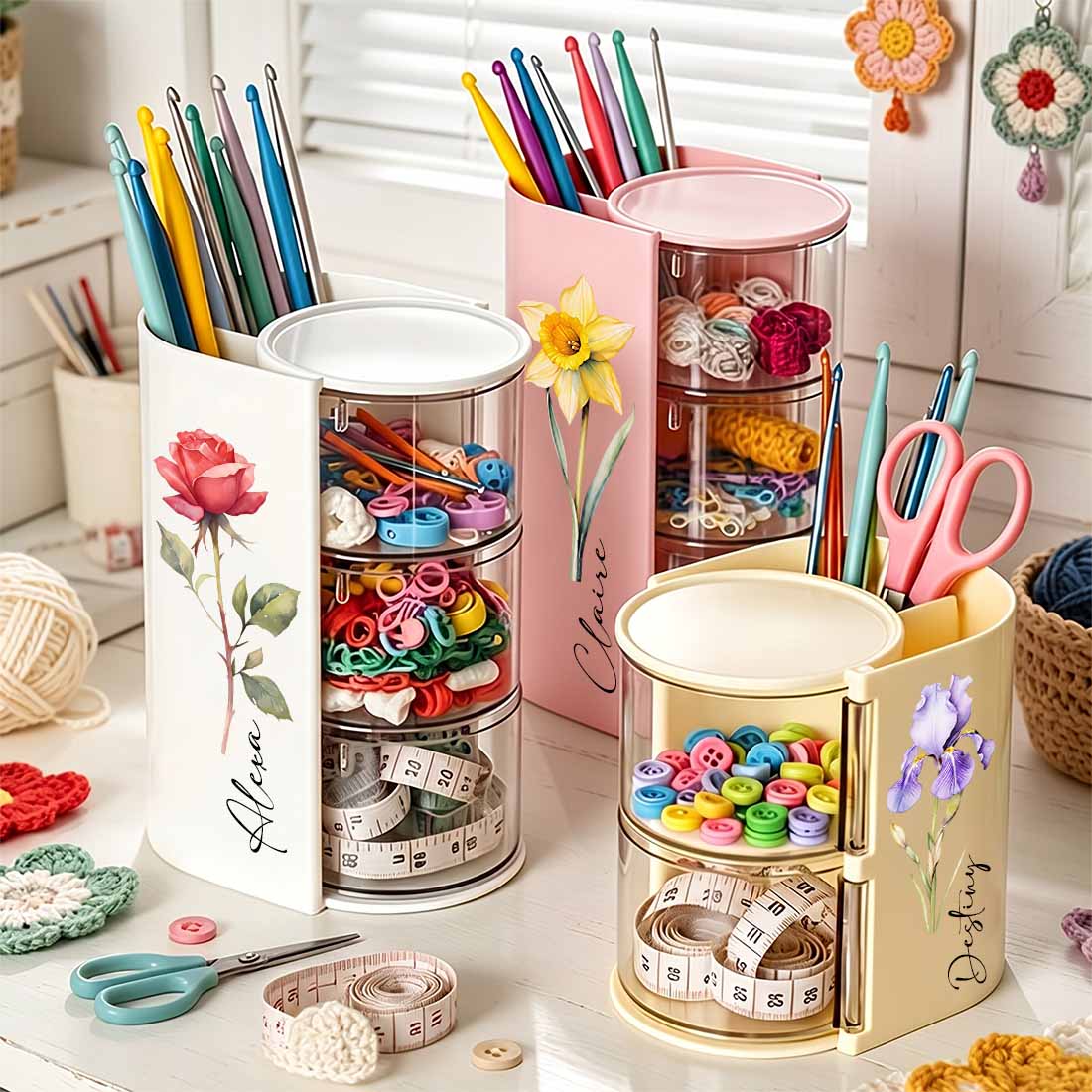 Rotary Crocheting Tools Storage Box Transparent Dust Multi Layer Square Crochet Tools Storage Rack