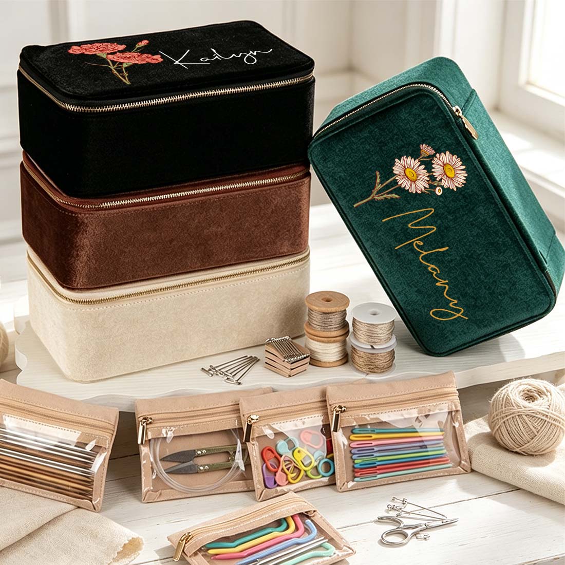 Personalized Plush Velvet Knitting Crochet Notions Case Box Portable Storage Box Section Stitch Markers Custom Name with Birth Flower
