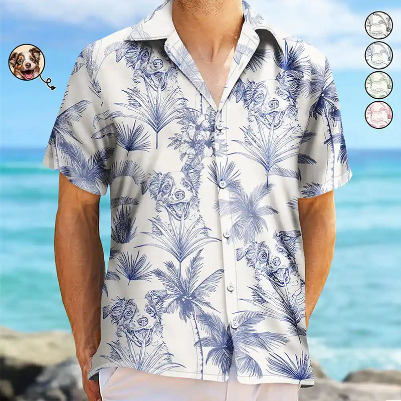 Personalized Photo Pencil Drawing Toile De Jouy Pattern Family Kids Pet Custom Hawaiian Shirt Family Gifts