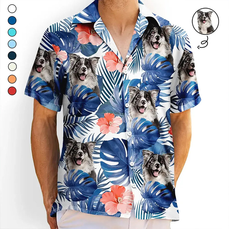 Personalized Photo Tropical Leaves Funny Family Kids Pet Face Custom Hawaiian Shirt with 1-6 Kids Photo Father Mother Summer Gifts