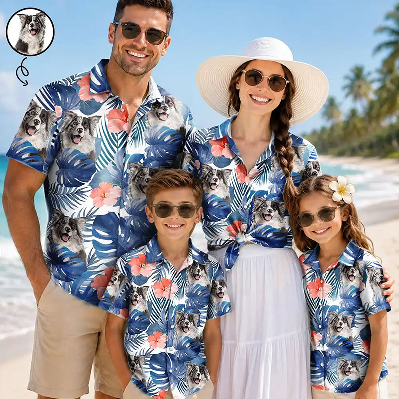 Personalized Photo Tropical Leaves Funny Family Kids Pet Face Custom Hawaiian Shirt with 1-5 Kids Photo Father Mother Summer Gifts