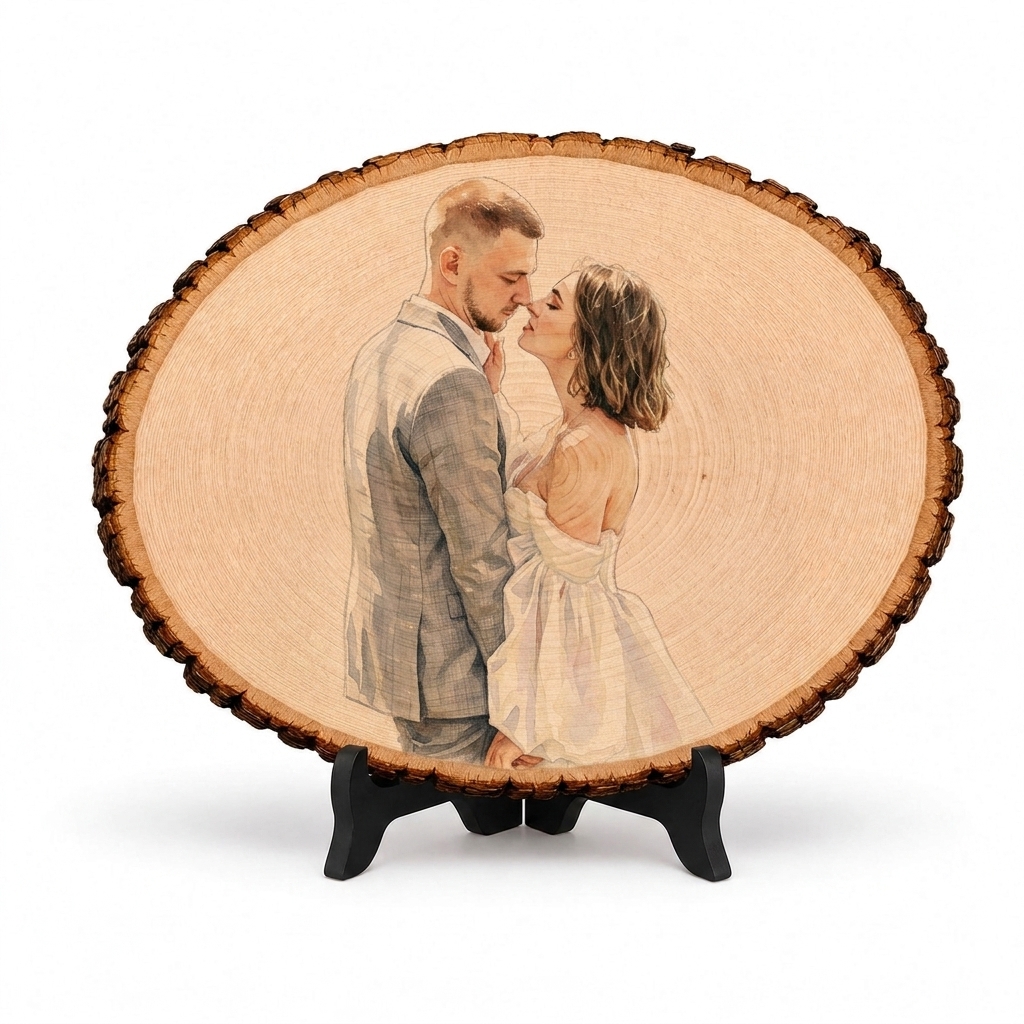 Personalized Photo Engraving Basswood Keepsake Custom Watercolor Photo Art on Wood Slice Engraved Log Slice Gift for Couple Photo Gift for Her Him