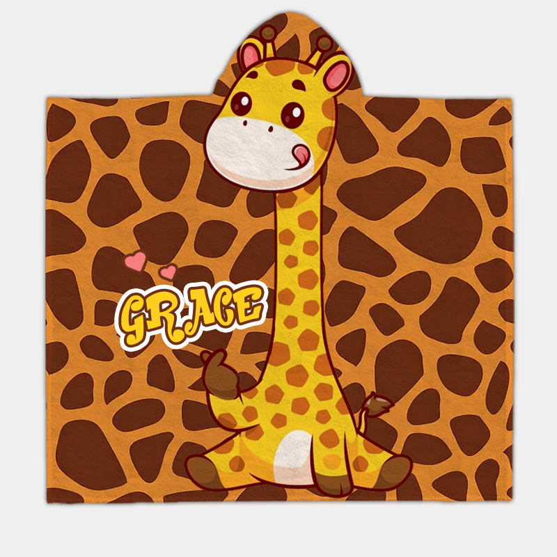 Personalized Playful Giraffe Hooded Blanket Custom Name Practical Fun Gift for Kids Indoor Outdoor