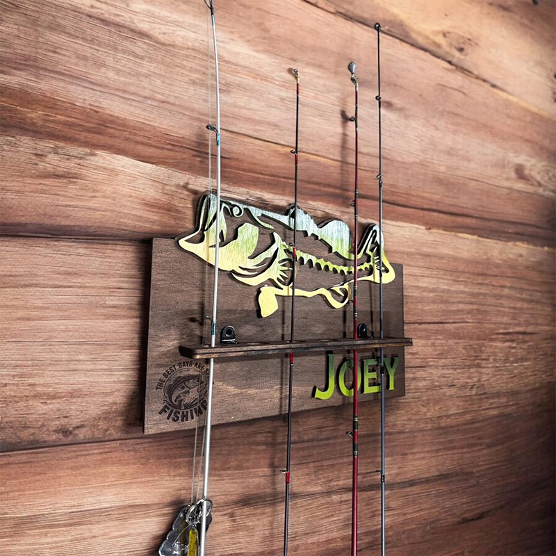 Personalized Reel Cool Dad Wood Fishing Rod Holder Custom Name 6-Rod Wall Rack for Dad Grandpa Fishing Lovers