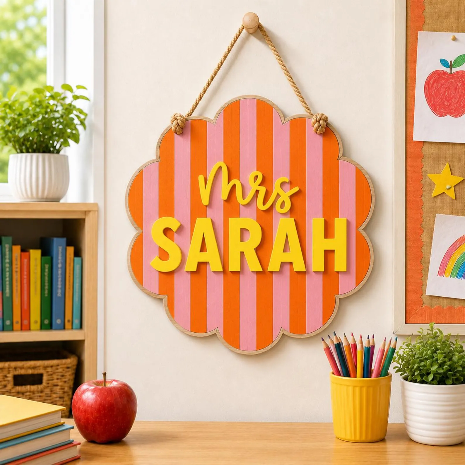 Personalized Teacher Door Sign Scalloped Striped Wooden Name Plaque Custom Classroom Decor Back to School Teacher Gift