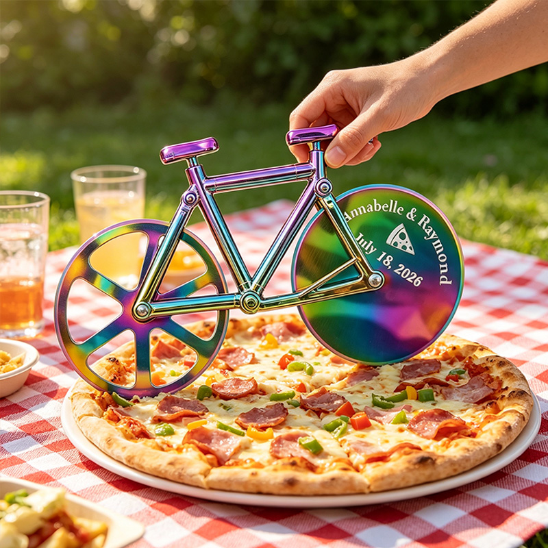 Personalized Bicycle Pizza Cutter Custom Engraved Dual Wheel Rose Gold Holographic Wedding Groomsmen Gift for Him Chef Couple Anniversary Gift