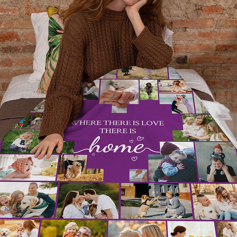 Personalized Photo Collage Flannel Blanket Custom Family Keepsake Beige Heart More than 20 Pictures