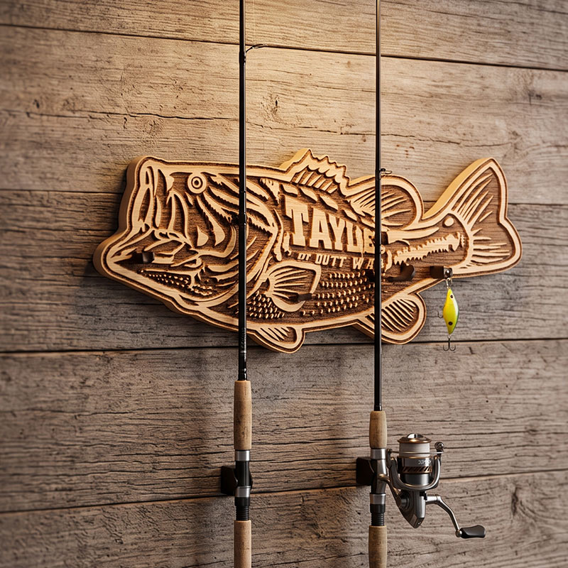 Personalized Bass Fishing Rod Holder for Dad Engraved Solid Wood Wall Mount Organizer with Name Birthday Gift for Dad Grandpa Fishing Lovers