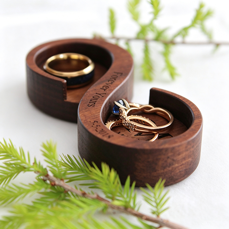 Personalized Infinity Walnut Wooden Ring Dish, Wedding Month Flower Ring Holder, Valentine’s Day Gift, Wedding, Engagement, Anniversary Gift for Her
