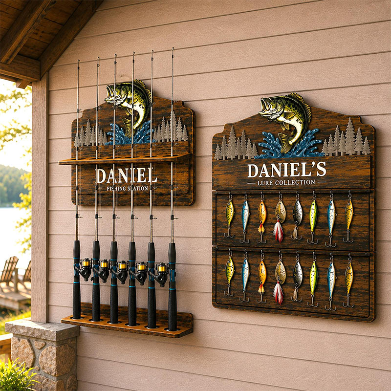 Personalized Reel Cool Dad Fishing lure Collection Holder Custom Fisherman Gift for Dad Uncle Grandpa Wooden Fishing Pole Organizer Bass Fish Wall Decor