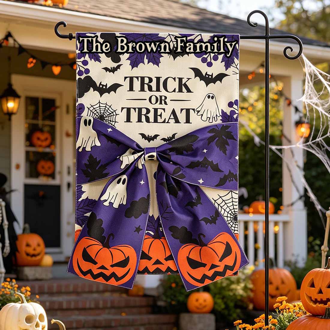Personalized Halloween Ghost Garden Flag Custom Family Name with Pumpkins Bats & 3D Bow Festive Yard Decor