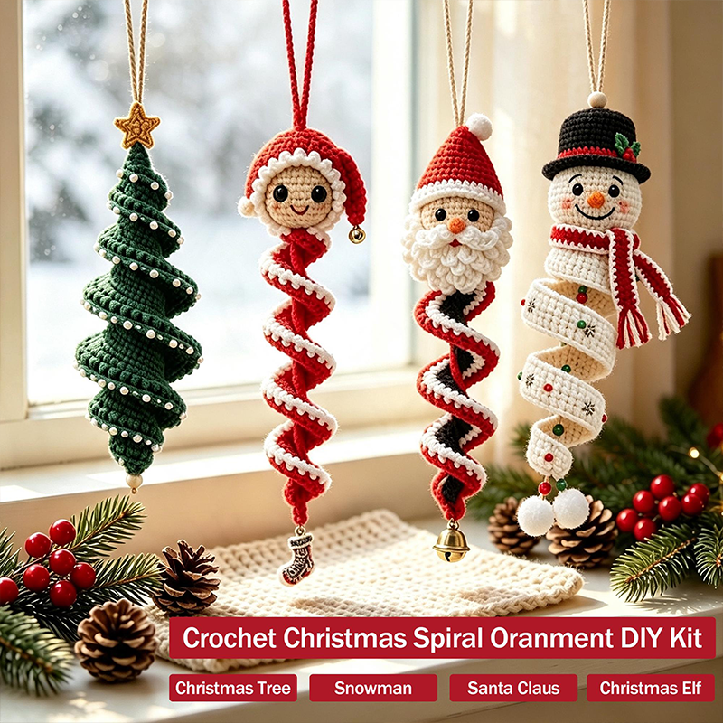 Christmas Crochet Ornament Kit, Soft Cotton Yarn DIY Spiral Santa Snowman Hanging Decor Material Pack, Holiday Craft Gift