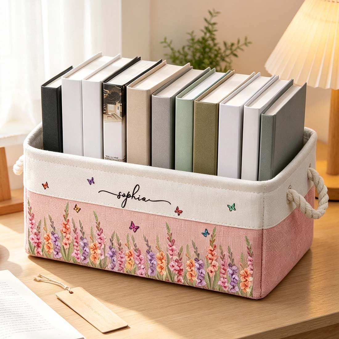 Personalized Birth Month Flower Book Basket Custom Birth Flower & Name Storage Basket For Her Wife Daughter Coworker Book Lover Gift