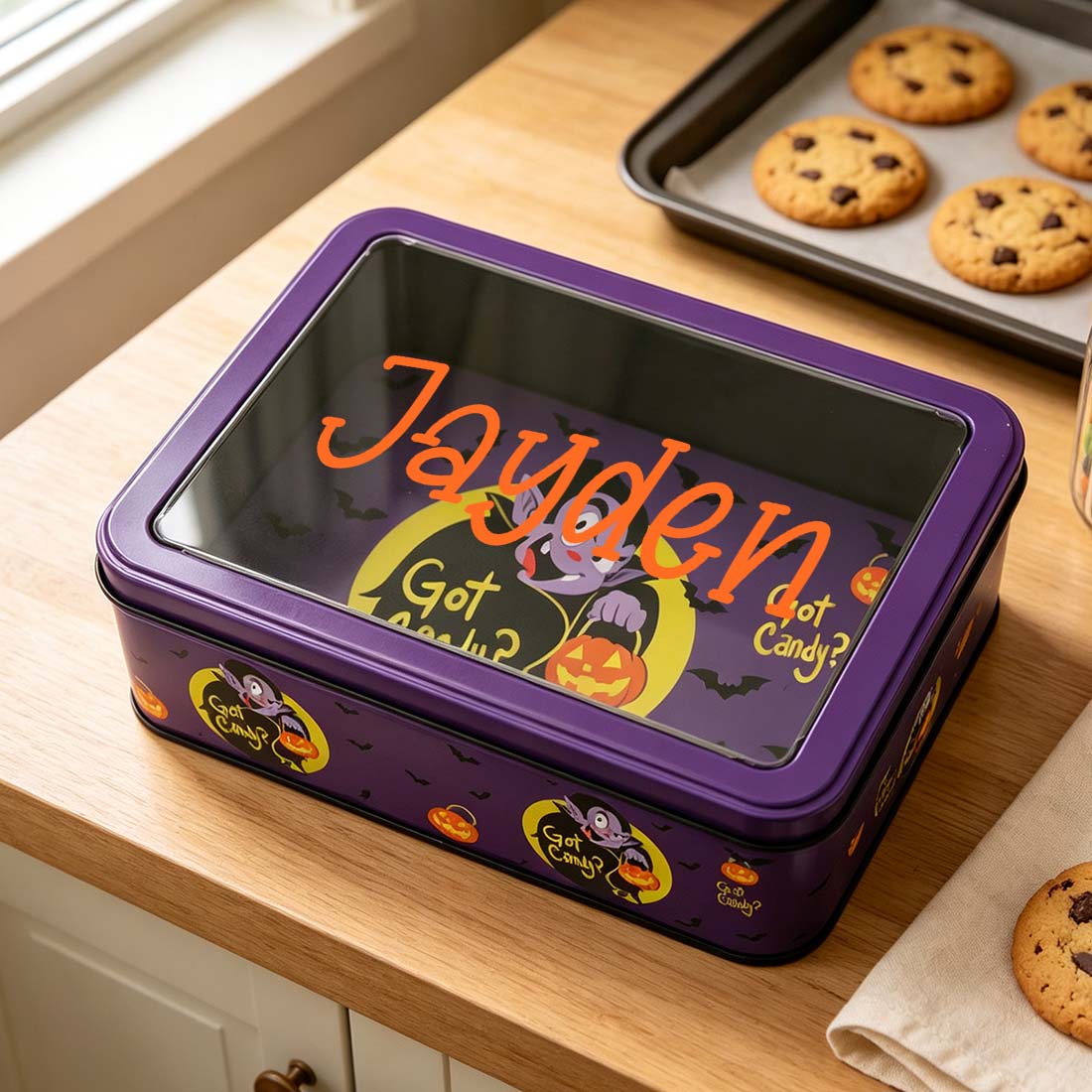 Personalized Halloween Candy Tin Box Custom Name Cookie & Treat Container with Window Lid Spooky Gift Box for Kids
