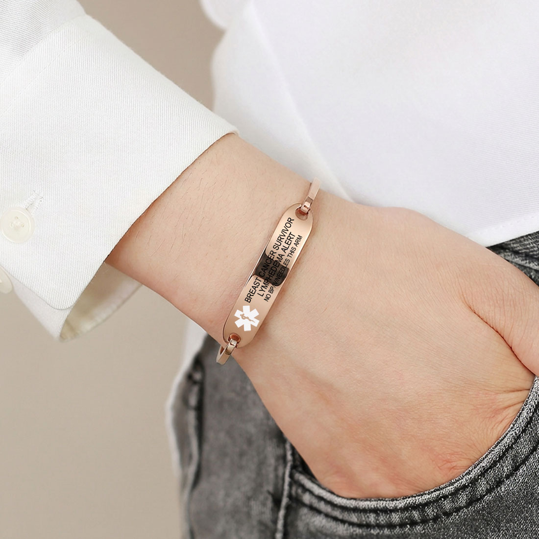 Personalized Star of Life Medical Alert ID Bracelet Emergency Jewelry Care Gift for Breast Cancer Woman