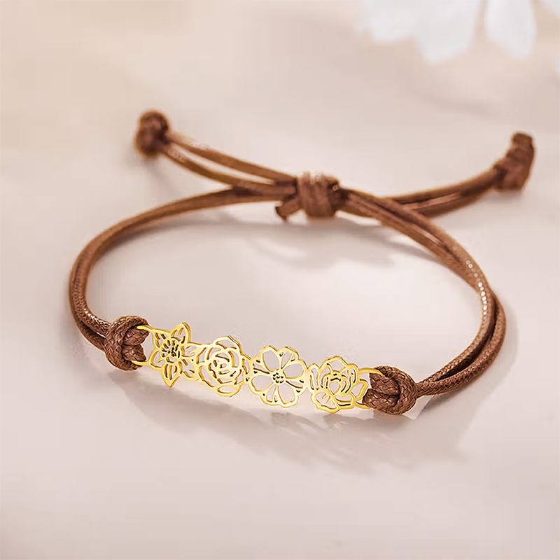 Personalized Minimalist Adjustable 1-8 Birth Flower Waxed Line Bracelet Charm Jewelry Birthday Mother's Day Christmas Gift for Family Mom Grandma Gift