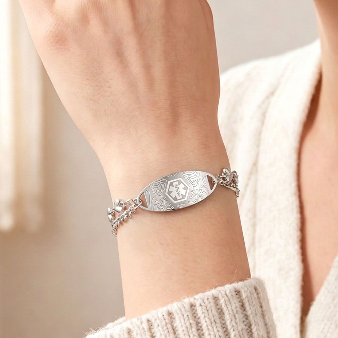 Personalized Adjustable Medical Alert ID Emergency Multi-Layer Bracelet with Engraved Text Gift for Allergy Diabetic Women