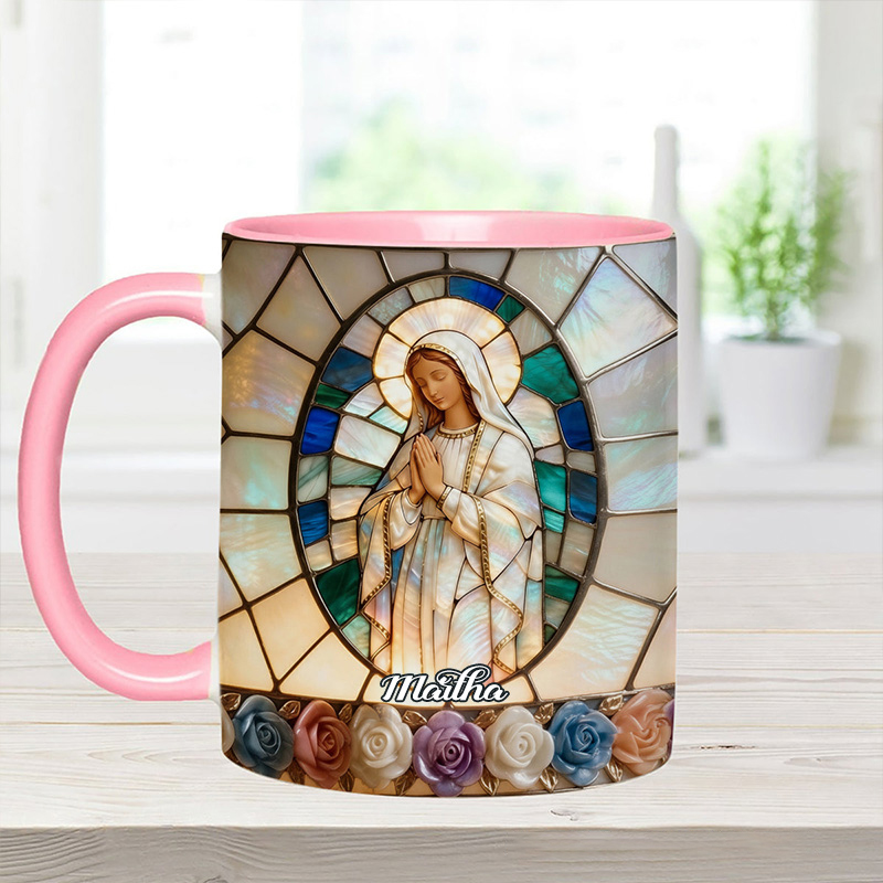 Personalized Our Lady of Grace Stained Glass 11oz Ceramic Mug with Custom Name Religious 3D Coffee Mug Catholic Gift for her