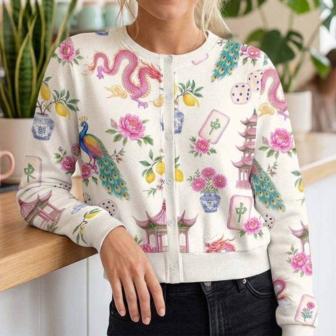 Retro Mahjong Women Crew Neck Cardigan Sweaters Chinoiserie Pattern Asian Art Short