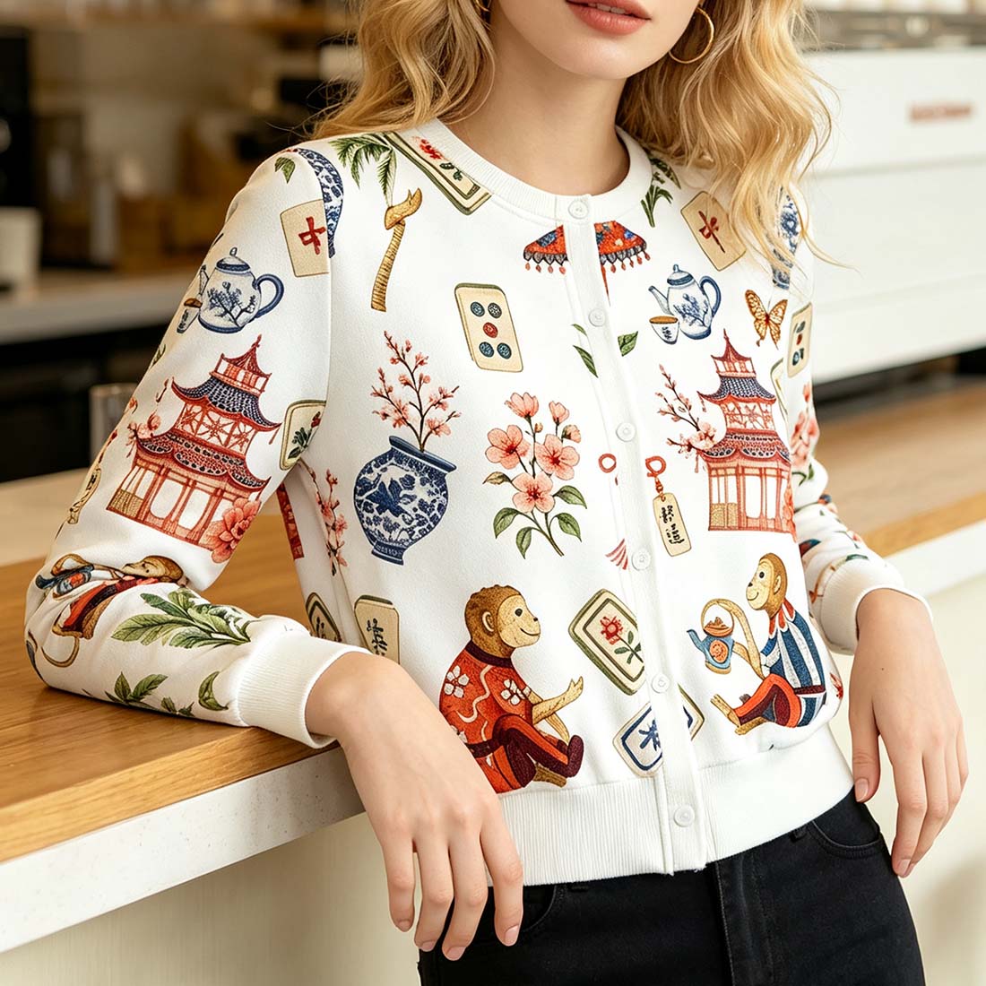 Preppy Chinoiserie Mahjong Women Crew Neck Cardigan Sweaters Chinoiserie Pattern Asian Art Short