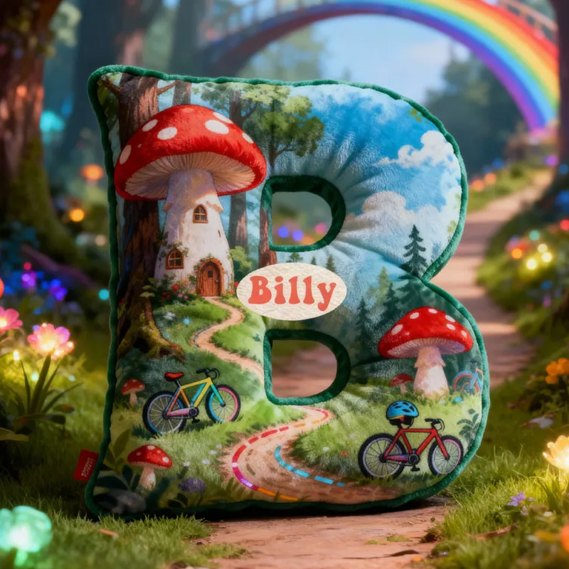 Personalized Forest Mushroom Bicycle Adventure Letter Pillow Custom Name Festive Decor with Bicycle Adventure Gifts for Family Graphic 3D Print Cycling Riding Lovers