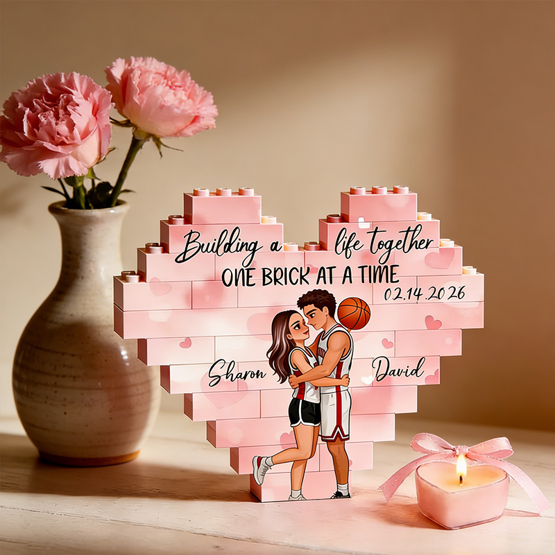 Personalized Basketball Couple Heart Building Block Building a Life Together One Brick at a Time  with Custom Names and Date Valentine's Day Gift