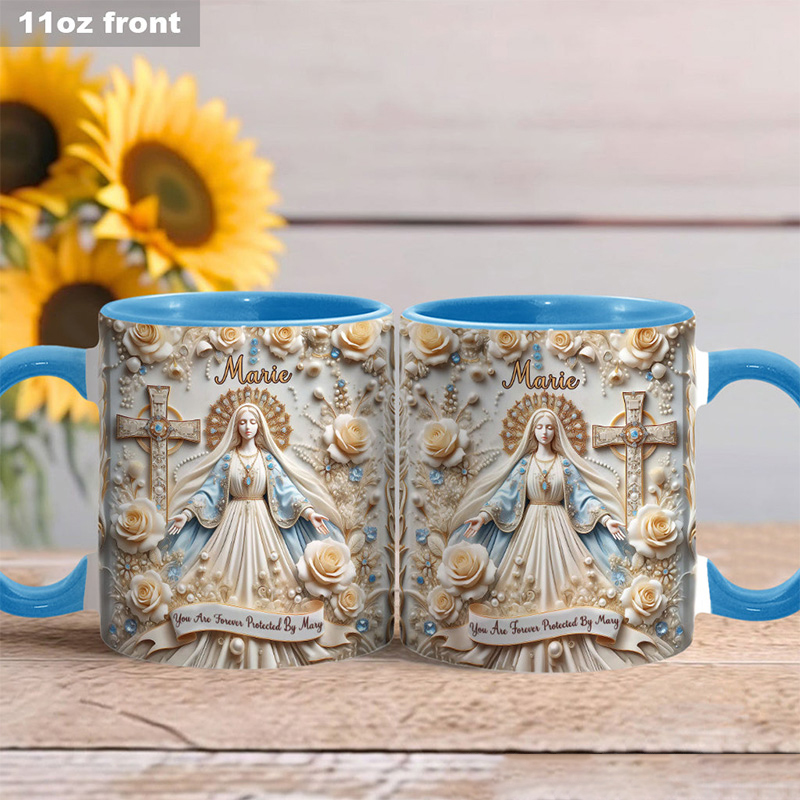 Personalized you are Forever Protected by Mary Ceramic Mug with Name Religious Inspirational Gift Catholic Gift for Women