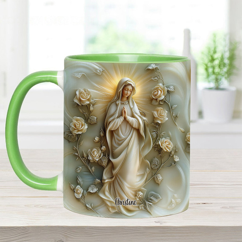 Personalized Virgin Mary Floral Ceramic Mug with Name Religious Inspirational Gift Catholic Gift for Women
